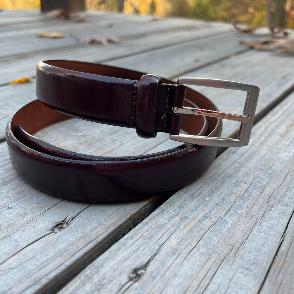JOS. A. BANK Burgundy Brown Genuine Leather Dress Belt—Men’s Sz 36 Silver Buckle